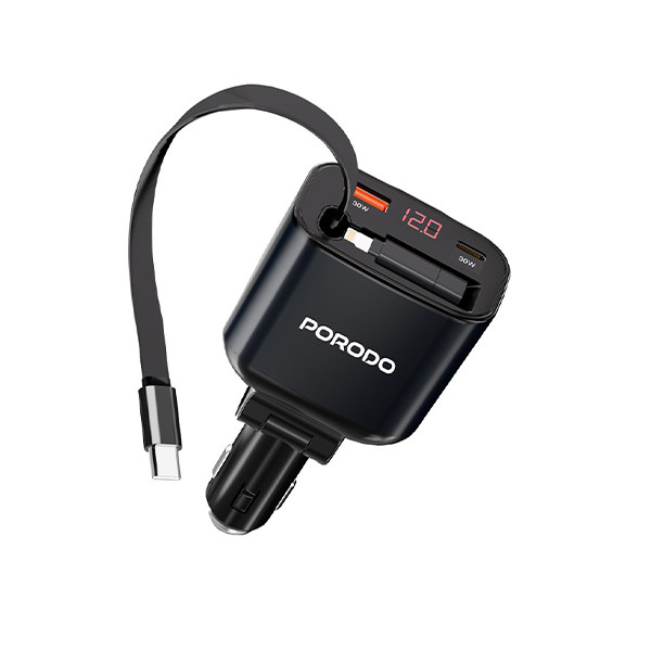 Porodo 4in1 Retractable Car Charger with Collapsible Lightning & Type C Cables - Black, mobiles, lebanon, samsung, iphones, new, used, laptops, computers, huawei, phone, mobile prices in lebanon,mobile prices