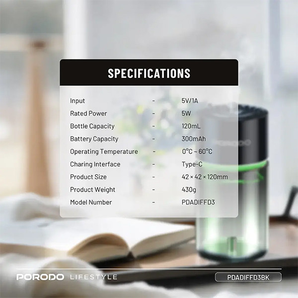 Porodo Valencia 300mah 120ML Diffuser With RGB - Black - mobile shop in Hamra, Beirut, Lebanon. New and used phones, iPhone, Samsung, Huawei, Xiaomi, Oppo, Realme, Honor, Google Pixel, tablets, laptops, computers, and accessories. متجر موبايلات في الحمرا، بيروت، لبنان. هواتف جديدة ومستعملة، آيفون، سامسونج، هواوي، شاومي، أوبو، ريلمي، هونر، جوجل بيكسل، أجهزة لوحية، لابتوبات، كمبيوترات، واكسسوارات.