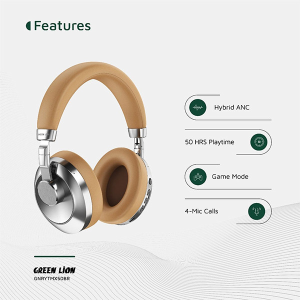 Green Lion Rhythm X50 ANC Wireless Headphone-Brown - mobile shop in Hamra, Beirut, Lebanon. New and used phones, iPhone, Samsung, Huawei, Xiaomi, Oppo, Realme, Honor, Google Pixel, tablets, laptops, computers, and accessories. متجر موبايلات في الحمرا، بيروت، لبنان. هواتف جديدة ومستعملة، آيفون، سامسونج، هواوي، شاومي، أوبو، ريلمي، هونر، جوجل بيكسل، أجهزة لوحية، لابتوبات، كمبيوترات، واكسسوارات.