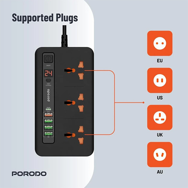 Porodo 3 AC 4 USBA & USB-C PD 20W Multi-Port Super Hub 2M UK - Black - mobile shop in Hamra, Beirut, Lebanon. New and used phones, iPhone, Samsung, Huawei, Xiaomi, Oppo, Realme, Honor, Google Pixel, tablets, laptops, computers, and accessories. متجر موبايلات في الحمرا، بيروت، لبنان. هواتف جديدة ومستعملة، آيفون، سامسونج، هواوي، شاومي، أوبو، ريلمي، هونر، جوجل بيكسل، أجهزة لوحية، لابتوبات، كمبيوترات، واكسسوارات.