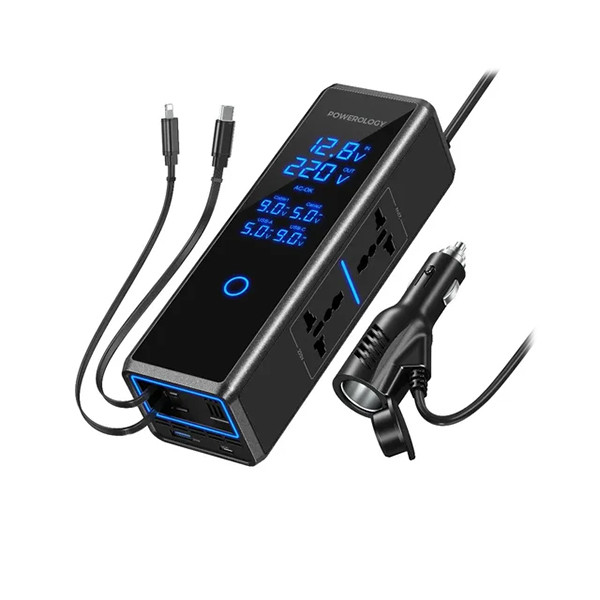 Powerology 300W  Car Power Inverter with Retracter  Cable - Black - mobile shop in Hamra, Beirut, Lebanon. New and used phones, iPhone, Samsung, Huawei, Xiaomi, Oppo, Realme, Honor, Google Pixel, tablets, laptops, computers, and accessories. متجر موبايلات في الحمرا، بيروت، لبنان. هواتف جديدة ومستعملة، آيفون، سامسونج، هواوي، شاومي، أوبو، ريلمي، هونر، جوجل بيكسل، أجهزة لوحية، لابتوبات، كمبيوترات، واكسسوارات.