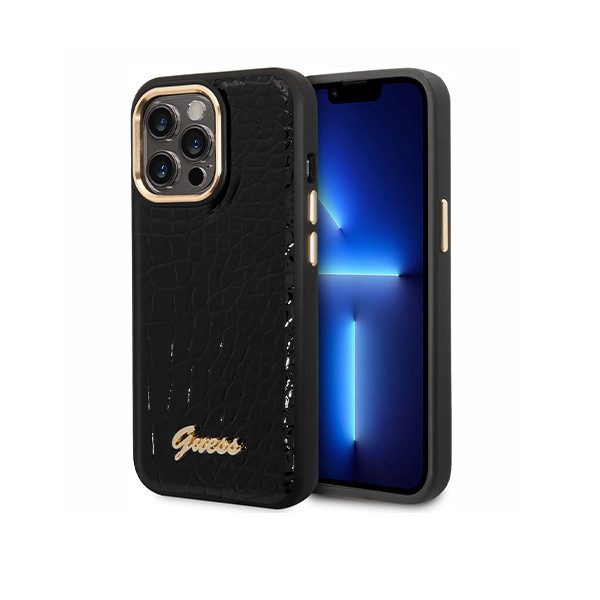 Guess PU Croco Hard Case With Script Logo For iPhone 16 Pro Max - Black, mobiles, lebanon, samsung, iphones, new, used, laptops, computers, huawei, phone, mobile prices in lebanon,mobile prices