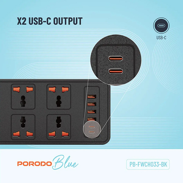 Porodo Blue 6 AC Power Socket With X2 USB-C X4 USB-A Port UK (3m wire) - Black - mobile shop in Hamra, Beirut, Lebanon. New and used phones, iPhone, Samsung, Huawei, Xiaomi, Oppo, Realme, Honor, Google Pixel, tablets, laptops, computers, and accessories. متجر موبايلات في الحمرا، بيروت، لبنان. هواتف جديدة ومستعملة، آيفون، سامسونج، هواوي، شاومي، أوبو، ريلمي، هونر، جوجل بيكسل، أجهزة لوحية، لابتوبات، كمبيوترات، واكسسوارات.