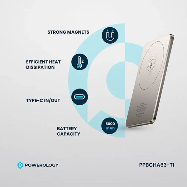 Powerology 5000  mAh 15W PD Type-C Magsafe Ultra  Slim Powerbank - Titanium - mobile shop in Hamra, Beirut, Lebanon. New and used phones, iPhone, Samsung, Huawei, Xiaomi, Oppo, Realme, Honor, Google Pixel, tablets, laptops, computers, and accessories. متجر موبايلات في الحمرا، بيروت، لبنان. هواتف جديدة ومستعملة، آيفون، سامسونج، هواوي، شاومي، أوبو، ريلمي، هونر، جوجل بيكسل، أجهزة لوحية، لابتوبات، كمبيوترات، واكسسوارات.