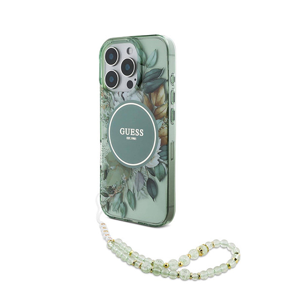 Guess MagSafe Hard Case Flower & Pearl Strap 16 Pro Max Green - mobile shop in Hamra, Beirut, Lebanon. New and used phones, iPhone, Samsung, Huawei, Xiaomi, Oppo, Realme, Honor, Google Pixel, tablets, laptops, computers, and accessories. متجر موبايلات في الحمرا، بيروت، لبنان. هواتف جديدة ومستعملة، آيفون، سامسونج، هواوي، شاومي، أوبو، ريلمي، هونر، جوجل بيكسل، أجهزة لوحية، لابتوبات، كمبيوترات، واكسسوارات.