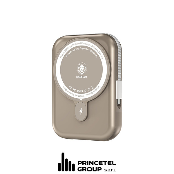 Green Lion Monaco Magsafe  10000mah Power Bank -  Titanium Gold - mobile shop in Hamra, Beirut, Lebanon. New and used phones, iPhone, Samsung, Huawei, Xiaomi, Oppo, Realme, Honor, Google Pixel, tablets, laptops, computers, and accessories. متجر موبايلات في الحمرا، بيروت، لبنان. هواتف جديدة ومستعملة، آيفون، سامسونج، هواوي، شاومي، أوبو، ريلمي، هونر، جوجل بيكسل، أجهزة لوحية، لابتوبات، كمبيوترات، واكسسوارات.