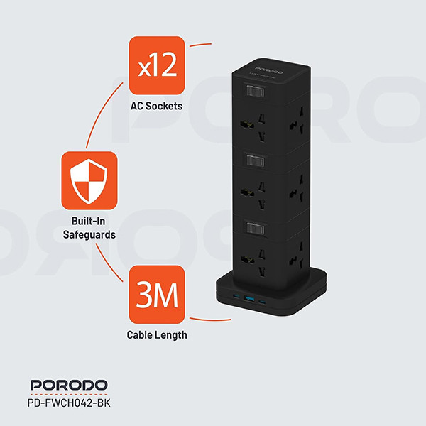 Porodo PD20W QC 3.0 1A + 2 Type C Socket Tower 3M - Black - mobile shop in Hamra, Beirut, Lebanon. New and used phones, iPhone, Samsung, Huawei, Xiaomi, Oppo, Realme, Honor, Google Pixel, tablets, laptops, computers, and accessories. متجر موبايلات في الحمرا، بيروت، لبنان. هواتف جديدة ومستعملة، آيفون، سامسونج، هواوي، شاومي، أوبو، ريلمي، هونر، جوجل بيكسل، أجهزة لوحية، لابتوبات، كمبيوترات، واكسسوارات.