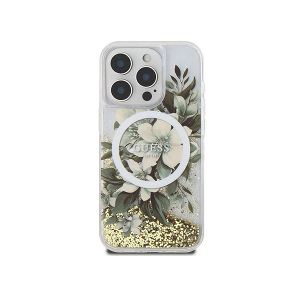 Guess Magsafe Liquid Glitter Hard Case With Flower Design For iPhone 16 Pro Max - Beige, mobiles, lebanon, samsung, iphones, new, used, laptops, computers, huawei, phone, mobile prices in lebanon,mobile prices