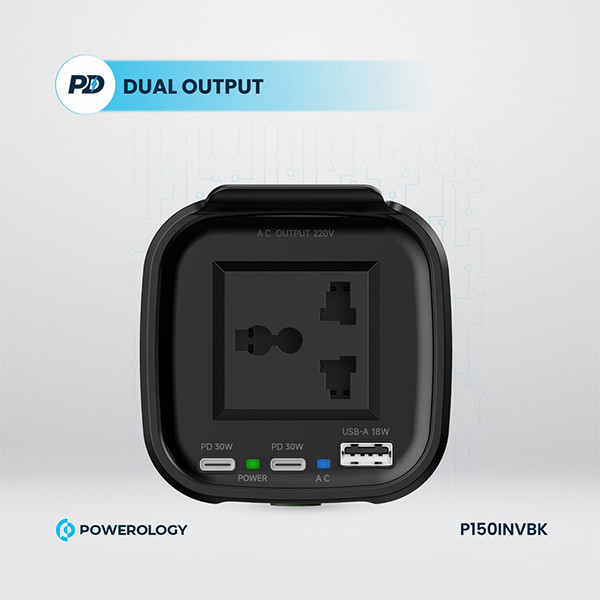 Powerology 150W Inverter AC Universal USB A 2*type-C DC Car 12V10A - Black - mobile shop in Hamra, Beirut, Lebanon. New and used phones, iPhone, Samsung, Huawei, Xiaomi, Oppo, Realme, Honor, Google Pixel, tablets, laptops, computers, and accessories. متجر موبايلات في الحمرا، بيروت، لبنان. هواتف جديدة ومستعملة، آيفون، سامسونج، هواوي، شاومي، أوبو، ريلمي، هونر، جوجل بيكسل، أجهزة لوحية، لابتوبات، كمبيوترات، واكسسوارات.