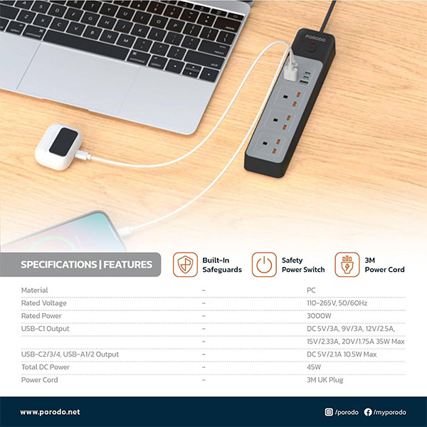 Porodo 3000W 3AC Power Socket With USB A X2 USB-C 3M Wire -Black - mobile shop in Hamra, Beirut, Lebanon. New and used phones, iPhone, Samsung, Huawei, Xiaomi, Oppo, Realme, Honor, Google Pixel, tablets, laptops, computers, and accessories. متجر موبايلات في الحمرا، بيروت، لبنان. هواتف جديدة ومستعملة، آيفون، سامسونج، هواوي، شاومي، أوبو، ريلمي، هونر، جوجل بيكسل، أجهزة لوحية، لابتوبات، كمبيوترات، واكسسوارات.