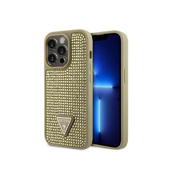 Guess Rhinestone Case with  Triangle Logo for iPhone 15 Promax - Gold, mobiles, lebanon, samsung, iphones, new, used, laptops, computers, huawei, phone, mobile prices in lebanon,mobile prices
