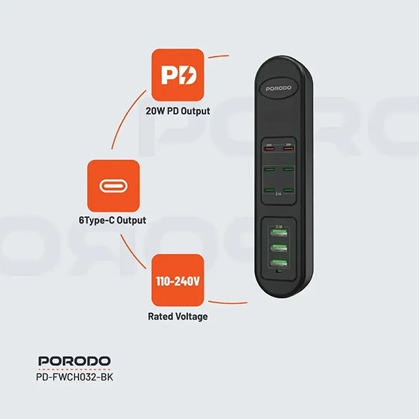 Porodo 50W PDx6 USBx3 Fast Charging Strip UK (2m Wire) - Black - mobile shop in Hamra, Beirut, Lebanon. New and used phones, iPhone, Samsung, Huawei, Xiaomi, Oppo, Realme, Honor, Google Pixel, tablets, laptops, computers, and accessories. متجر موبايلات في الحمرا، بيروت، لبنان. هواتف جديدة ومستعملة، آيفون، سامسونج، هواوي، شاومي، أوبو، ريلمي، هونر، جوجل بيكسل، أجهزة لوحية، لابتوبات، كمبيوترات، واكسسوارات.