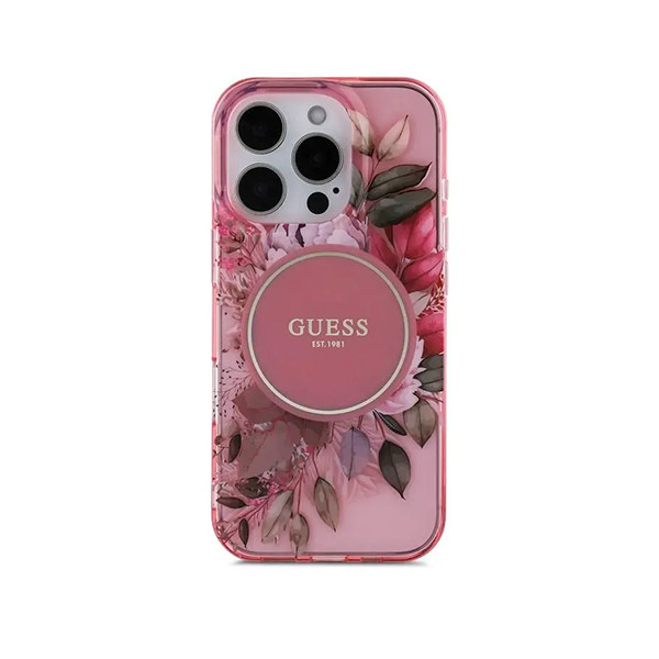 Guess Magsafe IML Hard Case With Flower Design & Pearl Strap For iPhone 16 Pro Max - Pink, mobiles, lebanon, samsung, iphones, new, used, laptops, computers, huawei, phone, mobile prices in lebanon,mobile prices