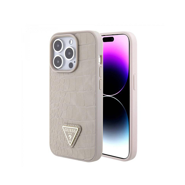 Guess Croco Case with  Triangle Logo for iPhone 15 Promax - Taupe, mobiles, lebanon, samsung, iphones, new, used, laptops, computers, huawei, phone, mobile prices in lebanon,mobile prices