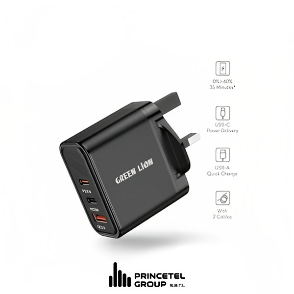 Green Ultra Quick 3 Output Compact Charger With Type-A To Type-C And Type-C To Lightning Cable -Black - mobile shop in Hamra, Beirut, Lebanon. New and used phones, iPhone, Samsung, Huawei, Xiaomi, Oppo, Realme, Honor, Google Pixel, tablets, laptops, computers, and accessories. متجر موبايلات في الحمرا، بيروت، لبنان. هواتف جديدة ومستعملة، آيفون، سامسونج، هواوي، شاومي، أوبو، ريلمي، هونر، جوجل بيكسل، أجهزة لوحية، لابتوبات، كمبيوترات، واكسسوارات.